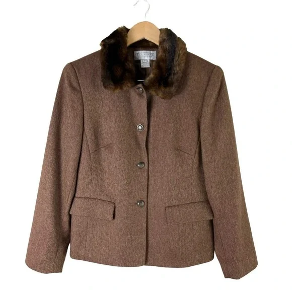 Talbots Faux Fur Collar Wool Herringbone Tweed Button Front Jacket in Brown Sz 8 - Picture 4 of 15